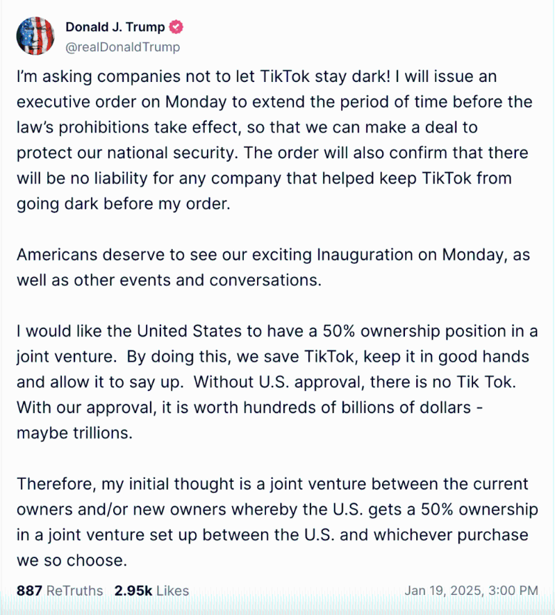 特朗普在其社交平臺發(fā)文，稱稱下周一簽署行命令，延長TikTok禁令生效期限。