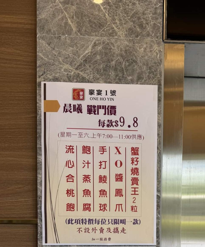 從相片中的酒樓宣傳海報(bào)可見，指定點(diǎn)心包括流心合桃飽、蟹籽燒賣王2粒，以及XO醬鳳爪等均以$9.8發(fā)售。 （圖片來源：Facebook@啟德居民自由講）