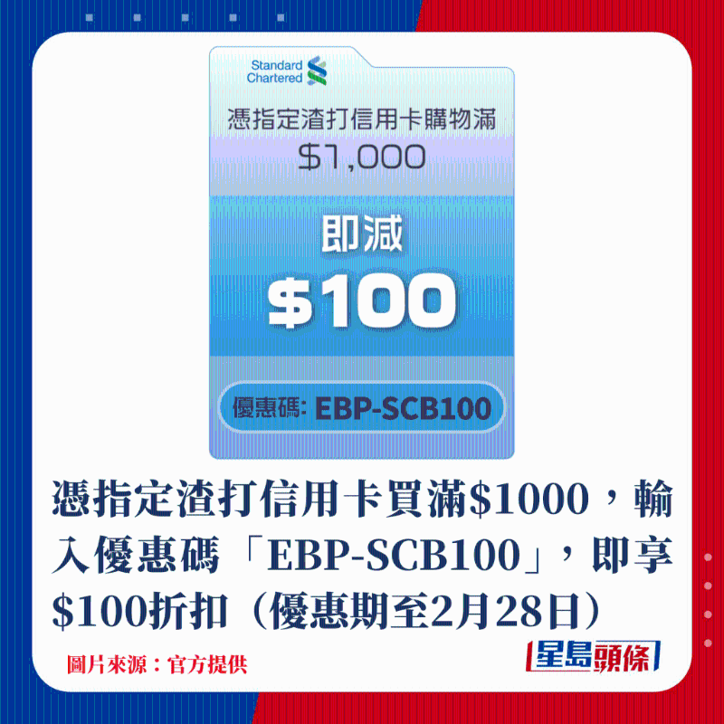 憑指定渣打信用卡買滿$1000，輸入優(yōu)惠碼「EBP-SCB100」，即享$100折扣（優(yōu)惠期至2月28日）