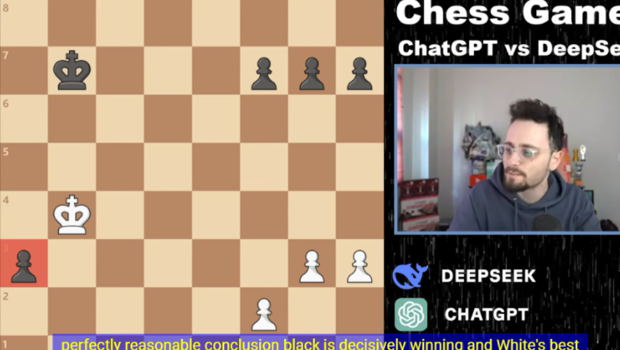 外國(guó)網(wǎng)站博主設(shè)定一場(chǎng)由DeepSeek和ChatGPT開展的一場(chǎng)國(guó)際象棋對(duì)弈，最後DeepSeek獲勝，觀賽網(wǎng)民認(rèn)為DeepSeek思維邏輯更像人，而ChatGPT像機(jī)器，這是勝負(fù)的主要關(guān)鍵。（圖／快科技）