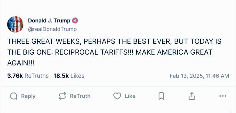 特朗普在旗下社交平臺(tái)真相社交以全部大寫字母發(fā)文說：”偉大的過去3星期，或許是有史以來最棒的，不過今天才是重頭戲：對(duì)等關(guān)稅!!讓美國再次偉大!!“