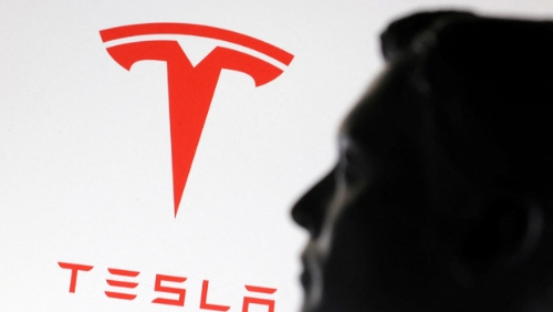 2025年1月23日，馬斯克和特斯拉商標(biāo)的組圖。