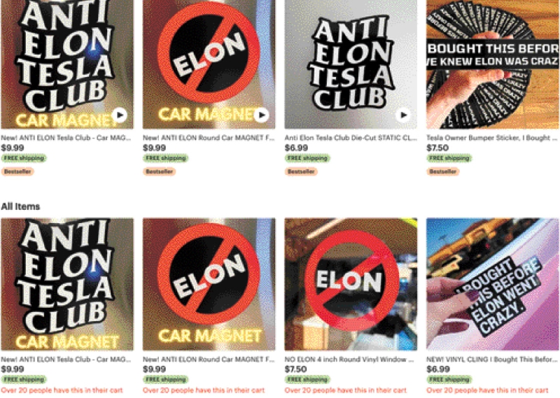 ?夏威夷設(shè)計(jì)師希勒（Matt Hiller）網(wǎng)店的反對馬斯克貼紙成為熱銷產(chǎn)品。Esty網(wǎng)站截屏