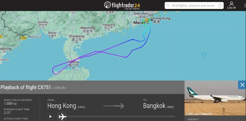國泰CX751往曼谷航班折返香港。 Flightradar24截圖