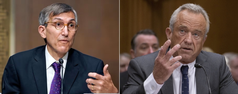 美國(guó)FDA首席疫苗專(zhuān)家馬克斯博士（左），因批評(píng)衛(wèi)服部長(zhǎng)肯尼迪（右），“持續(xù)散布對(duì)疫苗的錯(cuò)誤、撒謊”，被迫自請(qǐng)辭職。美聯(lián)社