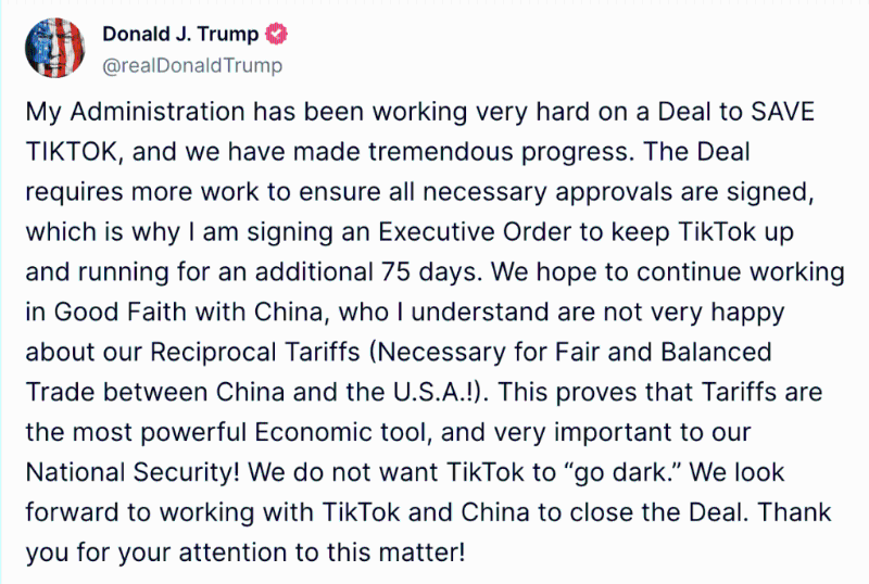 美國總統(tǒng)特朗普在其社交平臺發(fā)文，稱將簽署行政命令讓字節(jié)跳動旗下短片分享平臺TikTok再運行75天。
