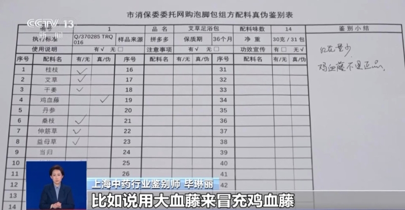 報道指出，有樣本使用大血藤冒充雞血藤，或?qū)⑵胀t花染色假裝藏紅花（圖片來源：央視新聞）