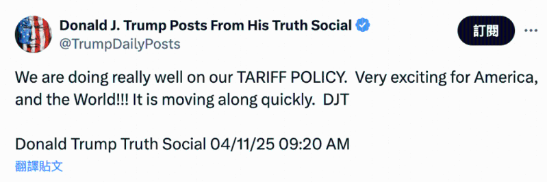 特朗普周五則在社交平臺(tái)發(fā)文，稱關(guān)稅政策做得非常好。