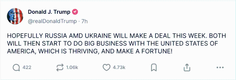 特朗普在其社交平臺寫道：“雙方將與美國做大生意”。