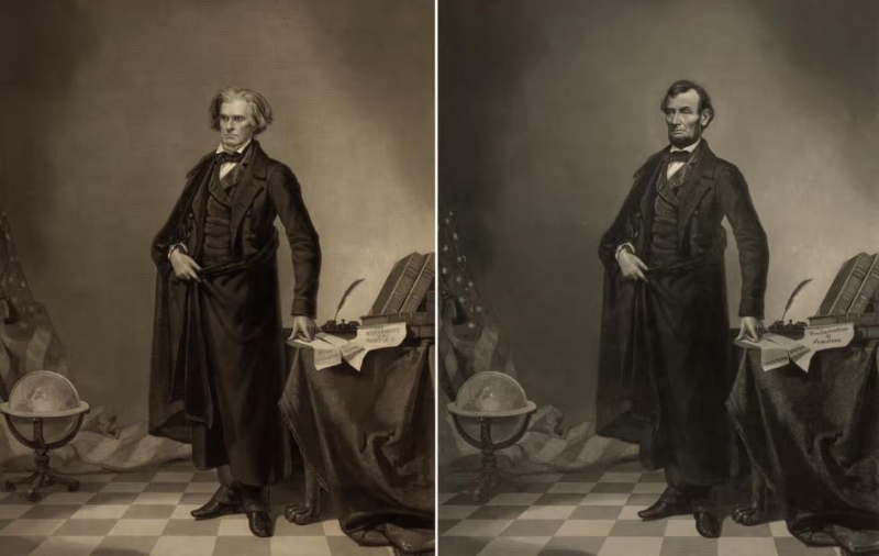 美國總統(tǒng)林肯遇刺身亡后，一幅展示他威嚴姿勢的照片橫空出世。 照片后來被證實為偽造。 美國國會圖書館