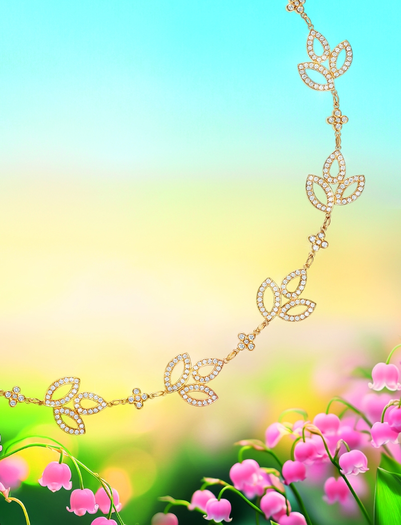 Lily Cluster黃金鉆石項(xiàng)鏈，鉑金底座上鑲嵌619顆圓形明亮式切工鉆石，總重約5.33卡。