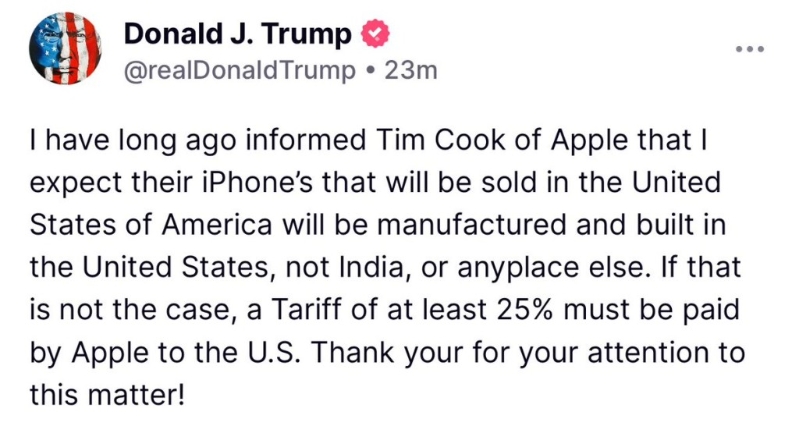 特朗普發(fā)文警告蘋(píng)果生產(chǎn)回歸美國(guó)本土。