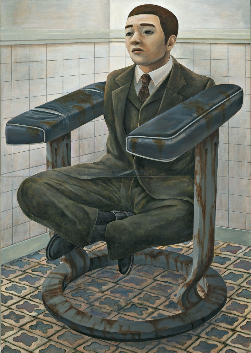 石田徹也《空置大廈內(nèi)的經(jīng)理座位》，壓克力、 木板（1996年），成交價為7,624,000港元（包傭金）。