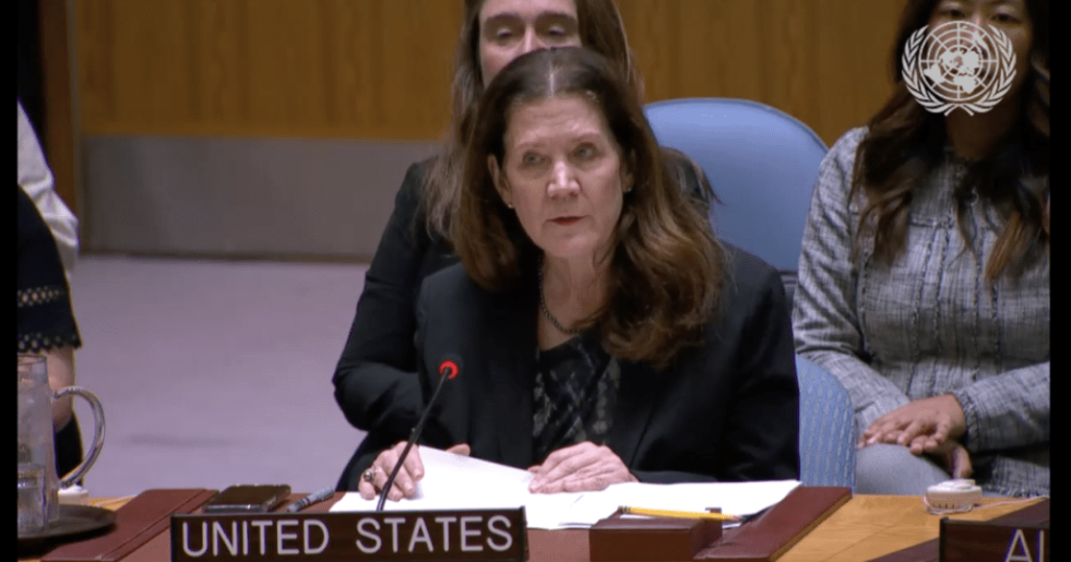 美國(guó)駐聯(lián)合國(guó)大使謝伊在表決前發(fā)言。聯(lián)合國(guó)視頻.png