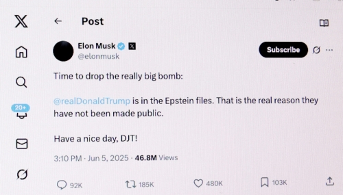 馬斯克5日在X發(fā)文聲稱，特朗普的名字也在淫魔艾普斯坦調(diào)查檔案之中。（路透）