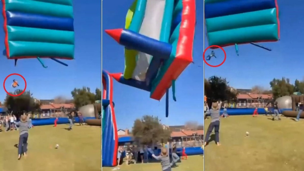 充氣城堡被大風(fēng)扯上半空打轉(zhuǎn)，2名學(xué)生被摔落地重傷。