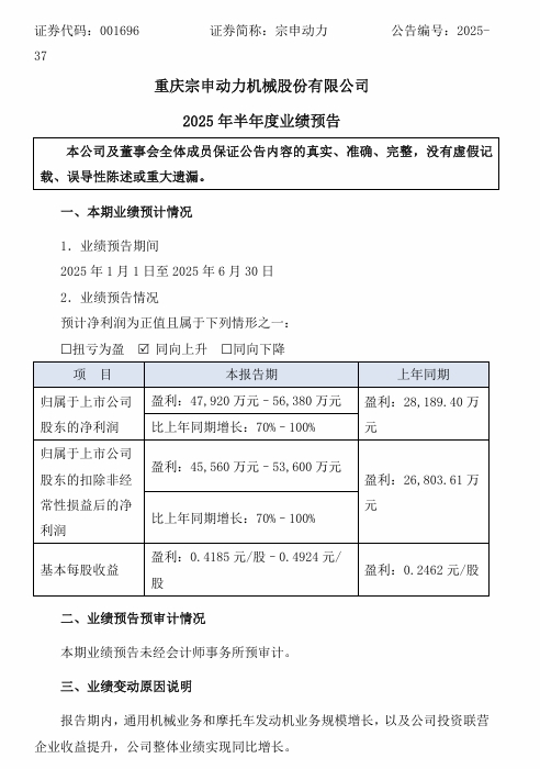 宗申動力業(yè)績預(yù)告 宗申動力業(yè)績預(yù)告