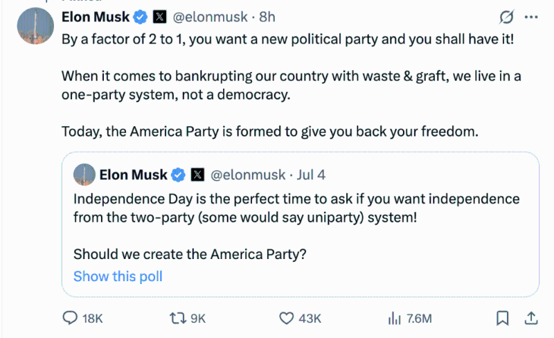 馬斯克在社交平臺X上宣布成立“美國黨”