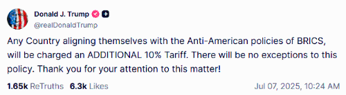 特朗普威脅向“支持金磚國家反美政策”國家加征10%關(guān)稅