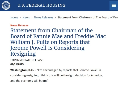 FHFA網(wǎng)站發(fā)布主席聲明。