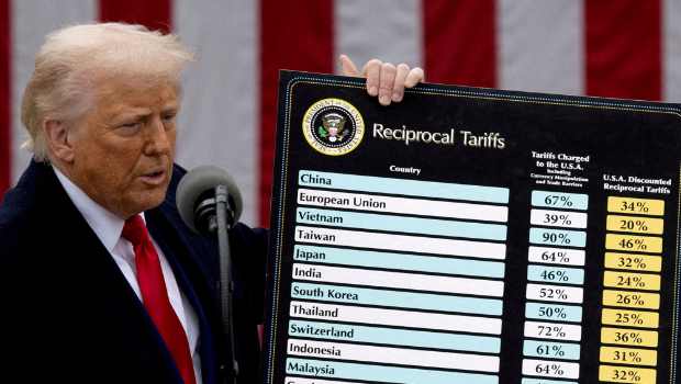 2025年4月2日，美國(guó)總統(tǒng)特朗普在白宮發(fā)表對(duì)等關(guān)稅稅率時(shí)留影。