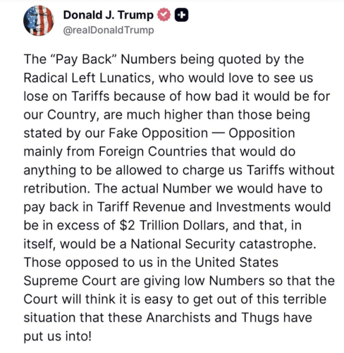 特朗普發(fā)帖，強(qiáng)調(diào)若法院最終裁定其動(dòng)用IEEPA征收關(guān)稅的行為違法，所造成的后果將遠(yuǎn)超外界預(yù)期。