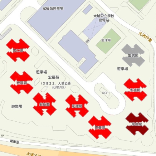 宏福苑8座大廈，宏昌閣（暗紅）最先起火，之后蔓延至其他大廈，僅宏志閣（灰）幸免。