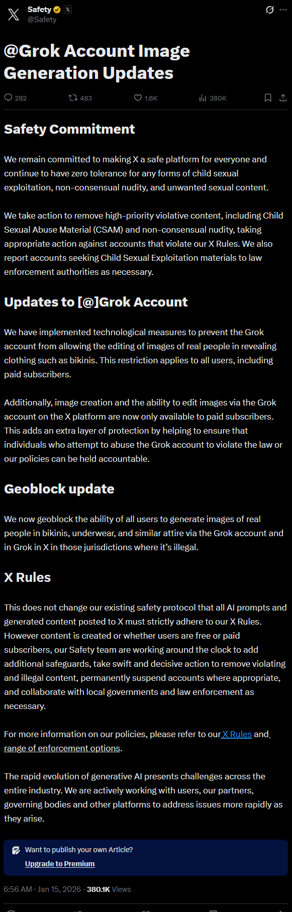 深陷色情內(nèi)容爭(zhēng)議 X終于出手 Grok禁止生成真人比基尼照